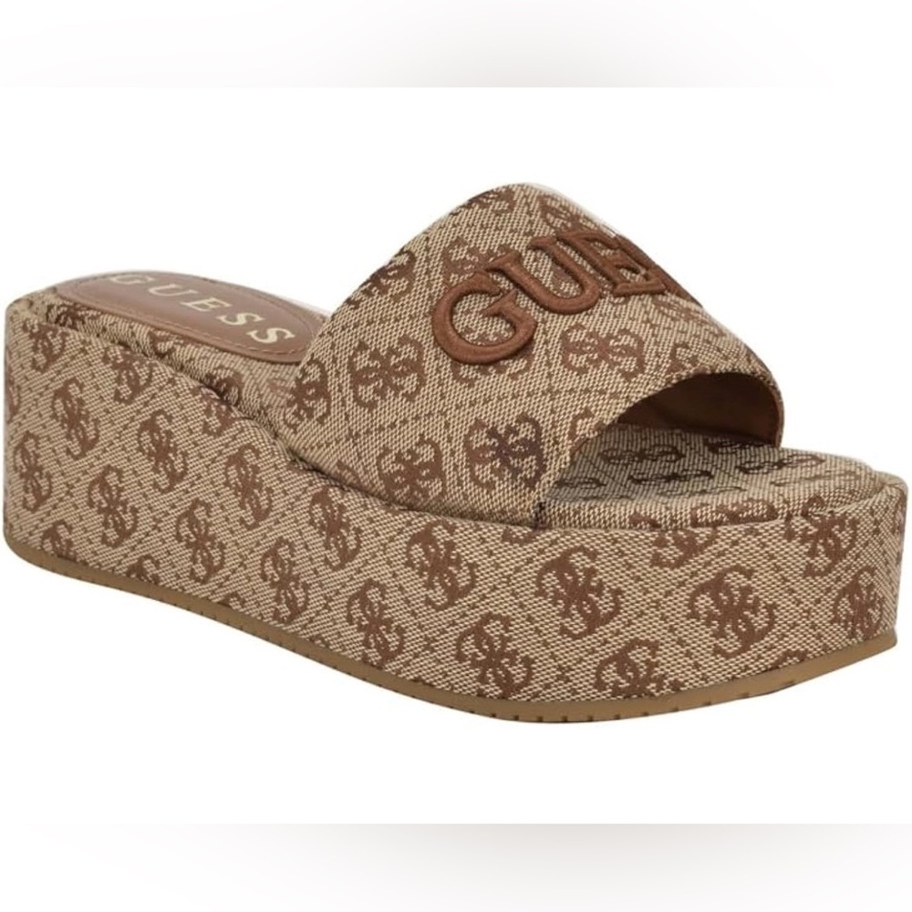 GUESS Beige/Tan Logo Platform Slide Sandal